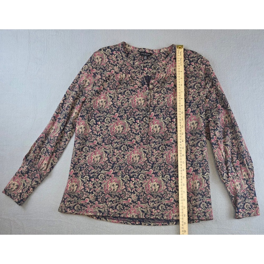 Lucky Brand Paisley Henley Blouse‎ Cotton Modal Size Medium Bohemian Pink Navy - Picture 7 of 11